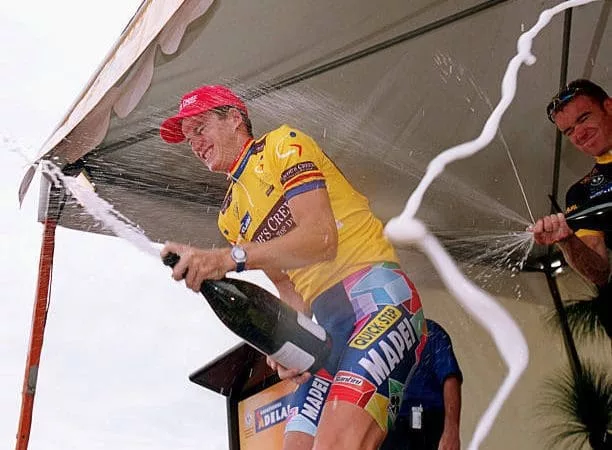 Michael Rogers celebrates winning the 2002 Tour Down Under