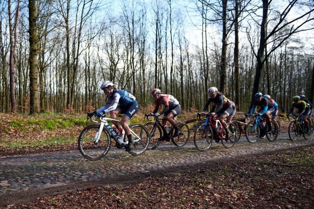 Audrey Cordon-Ragot (FRA) across the Exloo cobbles at Ronde van Drenthe 2019, a 165.7 km road race from Zuidwolde to Hoogeveen, Netherlands on March 17, 2019. Photo by Sean Robinson/velofocus.com