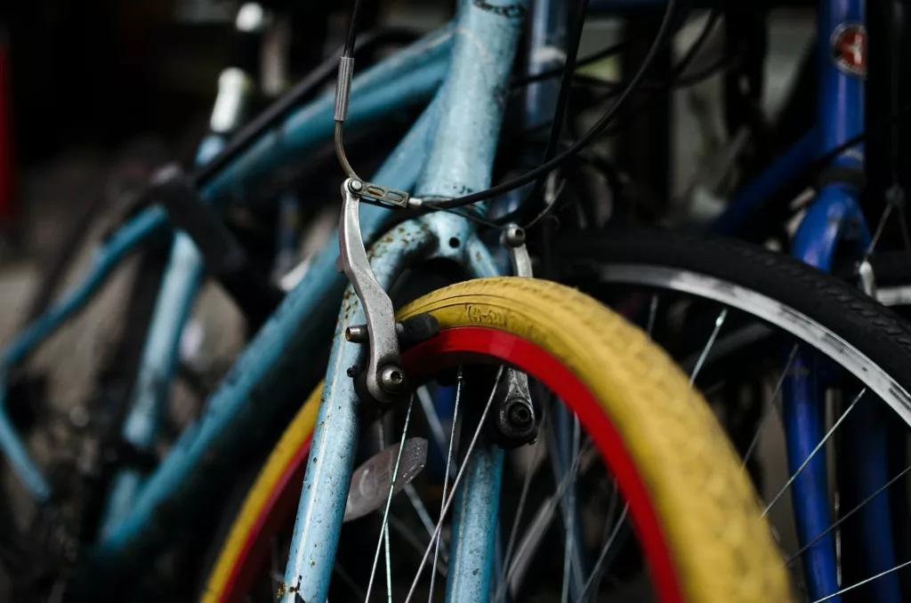 three blue bicycles vintage rust bikes