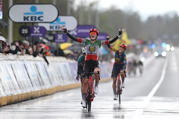 OUDENAARDE, BELGIUM - MARCH 31: Elisa Longo Borghini of Italy and Team Lidl - Trek celebrates at finish line as race winner during the 21st Ronde van Vlaanderen - Tour des Flandres 2024 - Women's Elite a 163km one day race from Oudenaarde to Oudenaarde / #UCIWWT / on March 31, 2024 in Oudenaarde, Belgium. (Photo by Dario Belingheri/Getty Images)