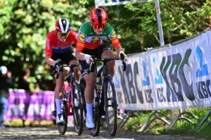 OVERIJSE, BELGIUM - APRIL 10: (L-R) Demi Vollering of The Netherlands and Team SD Worx - Protime and Elisa Longo Borghini of Italy and Team Lidl - Trek compete in the breakaway during the 9th De Brabantse Pijl - La Fleche Brabanconne 2024 - Women´s Elite a 134.9km one day race from Sint-Kwintens Lennik to Overijse on April 10, 2024 in Overijse, Belgium. (Photo by Luc Claessen/Getty Images)