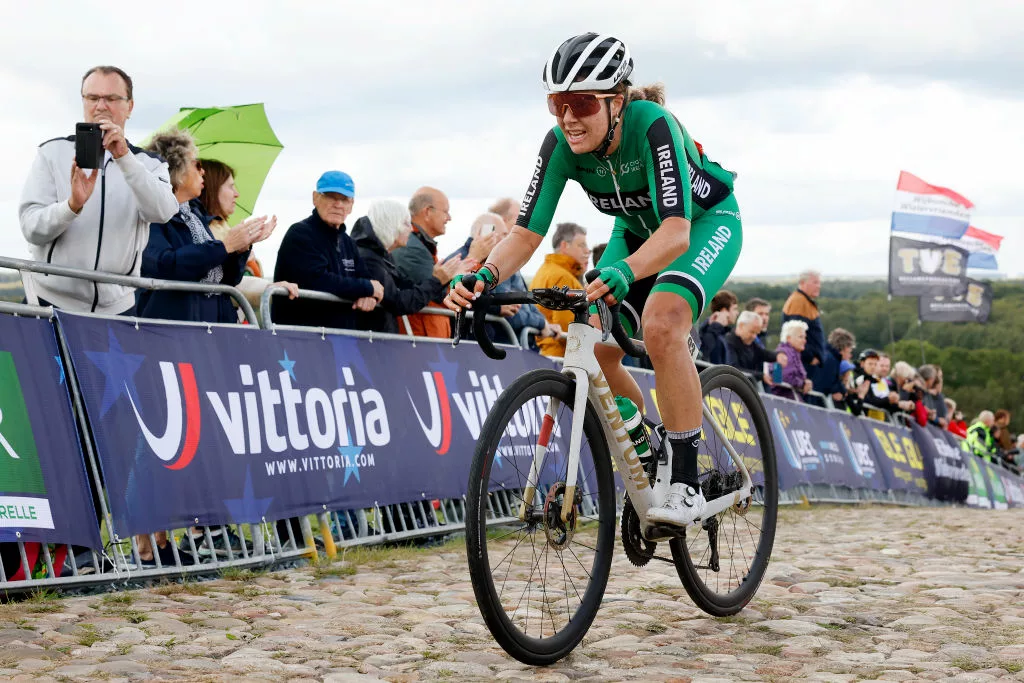 Fiona Mangan winning the Irish national road race title in 2024, before her 2027 Mayenne contract extension