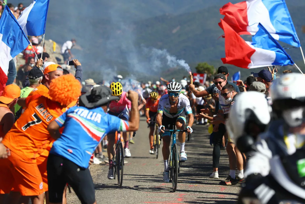 GARD, FRANCE - SEPTEMBER 03: Neilson Powless of The United States and Team EF Pro Cycling / Alexey Lutsenko of Kazahkstan and Astana Pro Team / Le Teil to Mont Aigoual-Gard (1560m)/ Fans / Public / during the 107th Tour de France 2020, Stage 6 a 191km stage from Le Teil to Mont Aigoual-Gard 1560m / #TDF2020 / @LeTour / on September 03, 2020 in Gard, France. (Photo by Michael Steele/Getty Images)