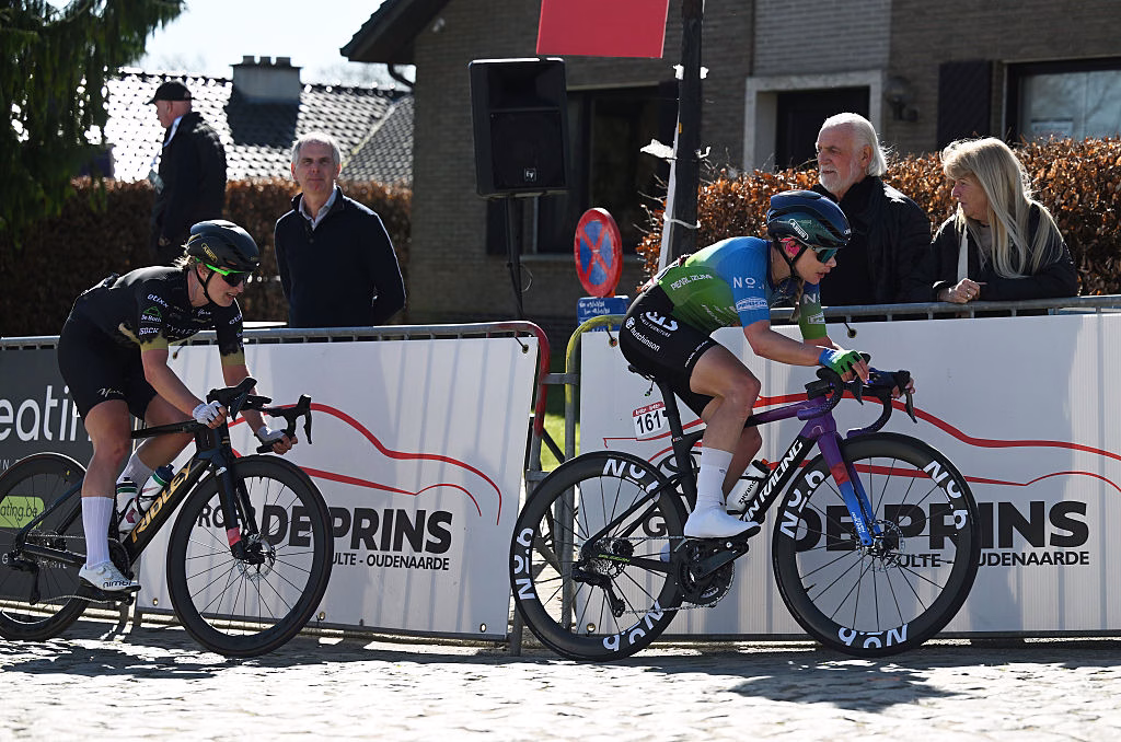 NOKERE, BELGIUM - MARCH 18: Mieke Docx of Belgium and Team DAS - Hutchinson (R) competes in the chase group during the 7th Danilith Nokere Koerse 2026, Women's Elite a 133.3km one day race from Deinze to Nokere / #UCIWWT / on March 18, 2026 in Nokere, Belgium. (Photo by Luc Claessen/Getty Images)