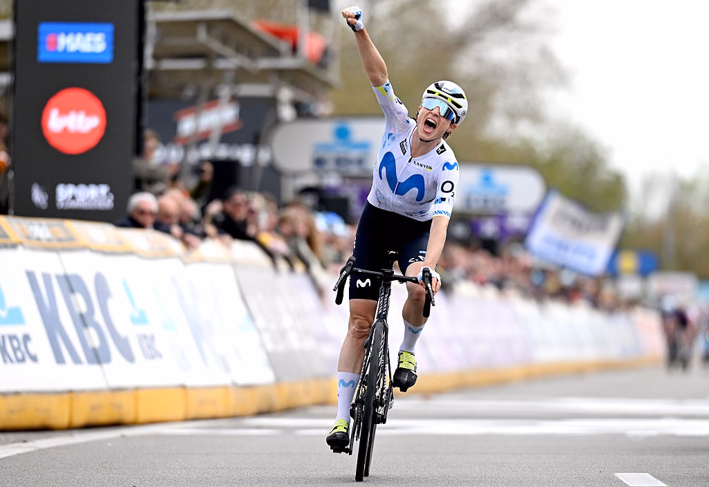WAREGEM, BELGIUM - APRIL 01: Marlen Reusser of Switzerland and Team Movistar celebrates at finish line as race winner during the 14th Dwars door Vlaanderen 2026 - Women's Elite a 128.8km one day race from Waregem to Waregem / #UCIWWT / on April 01, 2026 in Waregem, Belgium. (Photo by Dario Belingheri/Getty Images)
