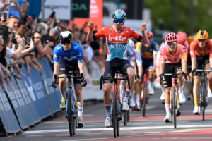 FRANKFURT AM MAIN, GERMANY - MAY 01: Maxim Van Gils of Belgium and Team Lotto Dstny celebrates at finish line as race winner ahead of Alex Aranburu of Spain and Ivan Garcia Cortina of Spain and Movistar Team during the the 63rd Eschborn-Frankfurt 2024 a 201.5km one day race from Eschborn to Frankfurt am Main / #UCIWT / on May 01, 2024 in Frankfurt am Main, Germany. (Photo by Christian Kaspar-Bartke/Getty Images)