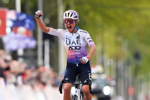 VALKENBURG, NETHERLANDS - APRIL 19: Paula Blasi of Spain and UAE Team ADQ celebrates at finish line as race winner during the 12th Amstel Gold Race Ladies Edition 2026 - Women's Elite a 158.1km one day race from Maastricht to Valkenburg / #UCIWWT / on April 19, 2026 in Valkenburg, Netherlands. (Photo by Luc Claessen/Getty Images)