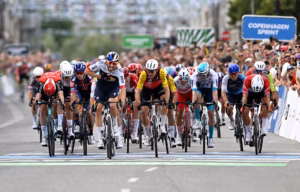 COPENHAGEN, DENMARK - JUNE 22: Jordi Meeus of Belgium and Team Red Bull - BORA - hansgrohe (C) celebrates at finish line as race winner ahead of (L-R) Arnaud Demare of France and Team Arkea - B&B Hotels, Alexis Renard of France and Team Cofidis, Phil Bauhaus of Germany and Team Bahrain - Victorious and Dylan Groenewegen of Netherlands and Team Jayco AlUla during the 1st Copenhagen Sprint 2025 - Men's Elite a 235.6km one day race from Roskilde to Copenhagen / #UCIWT / on June 22, 2025 in Copenhagen, Denmark. (Photo by Szymon Gruchalski/Getty Images)