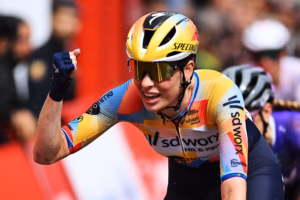ASTORGA, SPAIN - MAY 07: Mischa Bredewold of Netherlands and Team SD Worx - Protime celebrates at finish line as stage winner during the 12th La Vuelta Femenina 2026, Stage 5 a 119.6km stage from Leon to Astorga / #UCIWWT / on May 07, 2026 in Astorga, Spain. (Photo by Szymon Gruchalski/Getty Images)