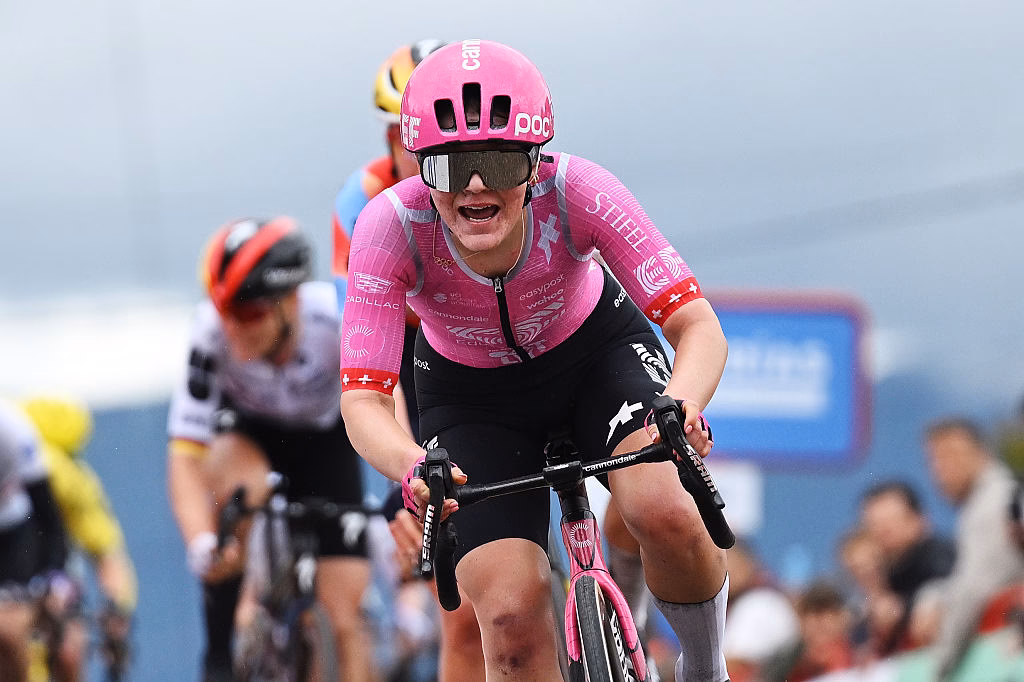 SALVATERRA DE MINO, SPAIN - MAY 03: Noemi Ruegg of Switzerland and Team EF Education-Oatly celebrates at finish line as stage winner during the 12th La Vuelta Femenina 2026, Stage 1 a 113.9km stage from Marin to Salvaterra de Mino / #UCIWWT / on May 03, 2026 in Salvaterra de Mino, Spain. (Photo by Szymon Gruchalski/Getty Images)
