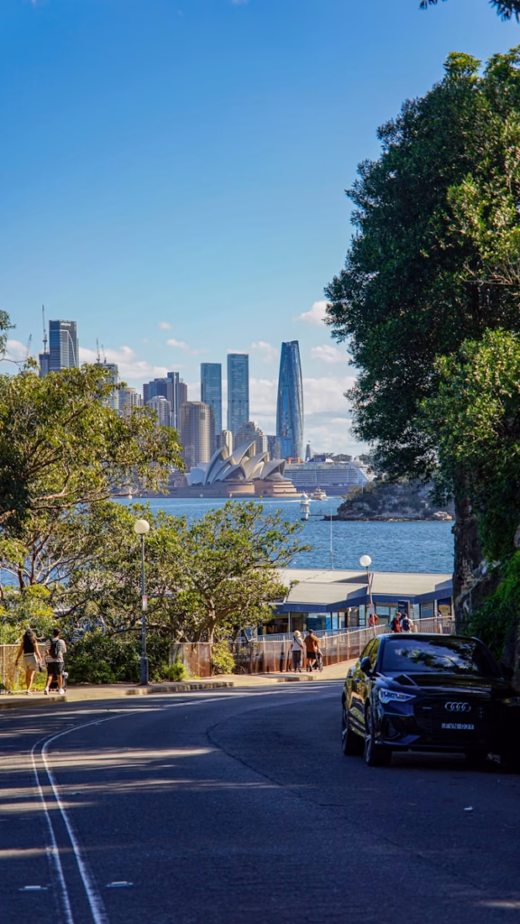 Sydney skyline with opera house and harbor view.