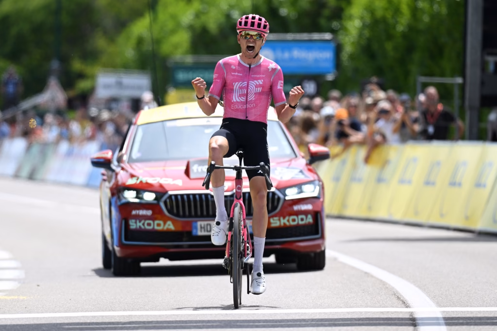 SAINT-ISMIER, FRANCE - JUNE 07: Alex Baudin of France and Team EF Education - EasyPost celebrates at finish line as stage winner during the 78th Tour Auvergne-Rhone-Alpes 2026, Stage 1 a 146.2km stage from Vizille to Saint-Ismier / #UCIWT / on June 07, 2026 in Saint-Ismier, France. (Photo by Dario Belingheri/Getty Images)