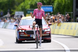 SAINT-ISMIER, FRANCE - JUNE 07: Alex Baudin of France and Team EF Education - EasyPost celebrates at finish line as stage winner during the 78th Tour Auvergne-Rhone-Alpes 2026, Stage 1 a 146.2km stage from Vizille to Saint-Ismier / #UCIWT / on June 07, 2026 in Saint-Ismier, France. (Photo by Dario Belingheri/Getty Images)