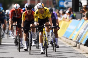 MONTROND-LES-BAINS, FRANCE - JUNE 10: (L-R) Bryan Coquard of France and Team Cofidis and Wout van Aert of Belgium and Team Visma | Lease a Bike cross the finish line during the 78th Tour Auvergne-Rhone-Alpes 2026, Stage 4 a 167.4km stage from Le Puy-en-Velay to Montrond-les-Bains / #UCIWT / on June 10, 2026 in Montrond-les-Bains, France. (Photo by Dario Belingheri/Getty Images)