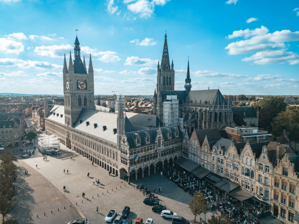 Ypres An aerial view of a large building with a clock tower