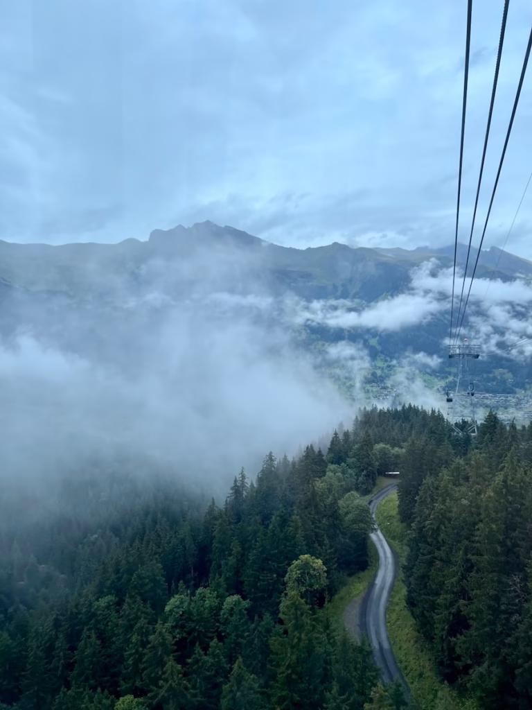 a scenic view of a mountain with a cable car in the foreground