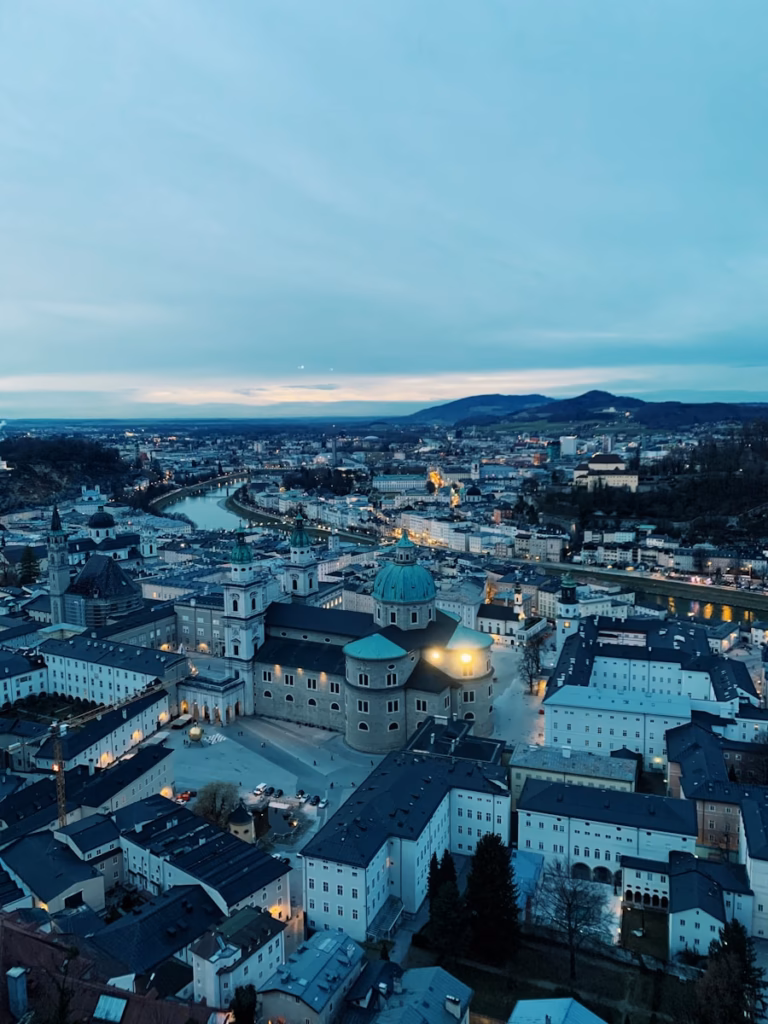 Salzburg aerial view of city during night time
