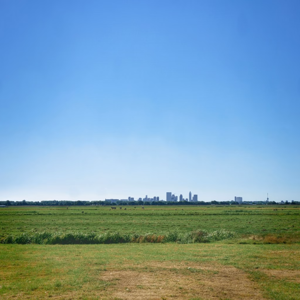 Dutch Polders a large green field with a city in the distance