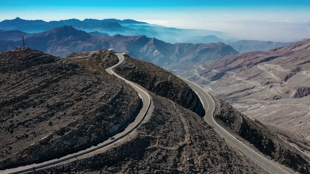 Jebel Jais an aerial view of a winding road in the mountains