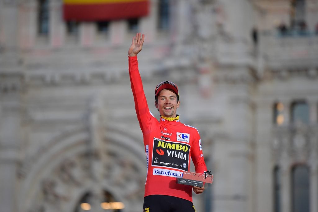 MADRID, SPAIN - SEPTEMBER 15: Podium / Primoz Roglic of Slovenia and Team Jumbo-Visma Red Leader Jersey / Celebration / Trophy / during the 74th Tour of Spain 2019, Stage 21 a 106,6km stage from Fuenlabrada to Madrid / #LaVuelta19 / @lavuelta / on September 15, 2019 in Madrid, Spain. (Photo by Justin Setterfield/Getty Images)