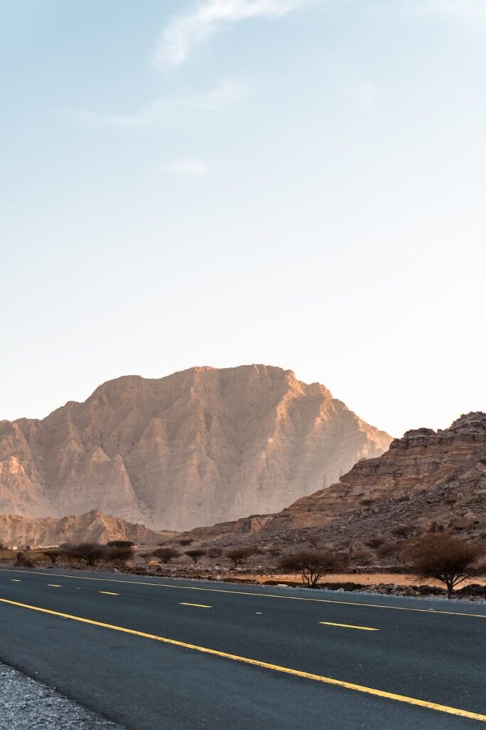 Jebel Jais Road leads to a mountain range.