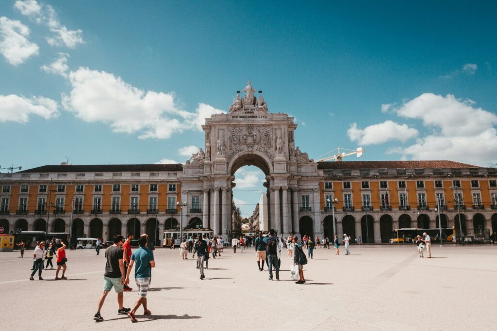 Lisbon people gathered on street