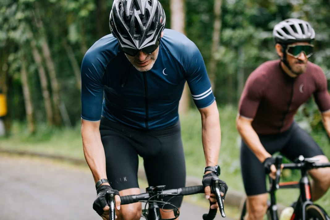 Cyclist riding on the road in bib shorts