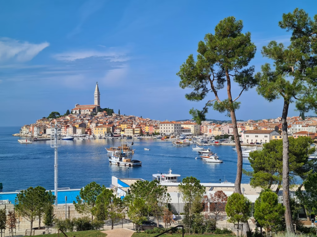 Istria white and blue boat on sea near green trees and buildings under blue sky during daytime
