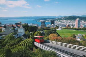 Wellington New Zealand a red train traveling down tracks next to a lush green hillside