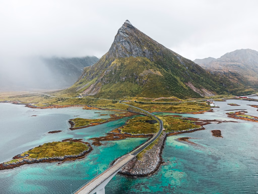 Lofoten Islands an aerial view of a bridge over a body of water