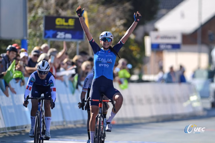 Azzurra Ballan celebrates winning the 2026 European junior road race in Slovenia